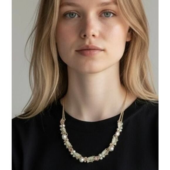 Statement Necklace Faux Pearls, Peach and White Crystals 16” w/ 4” ext - Picture 6 of 6